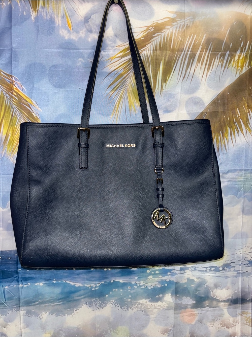 Michael Kors Navy Saffiano Leather Tote with Gold Logo Charm